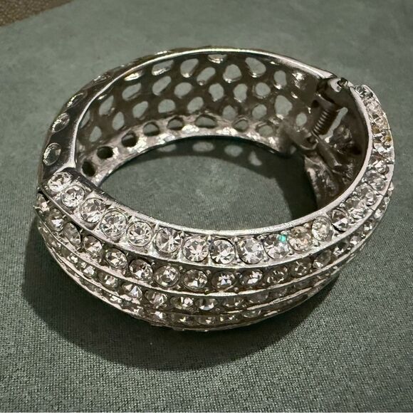 WIDE SILVER RHINESTONE HINGED CUFF BRACELET – 2.5” x 2.7” STATEMENT BANGLE - Picture 8 of 17